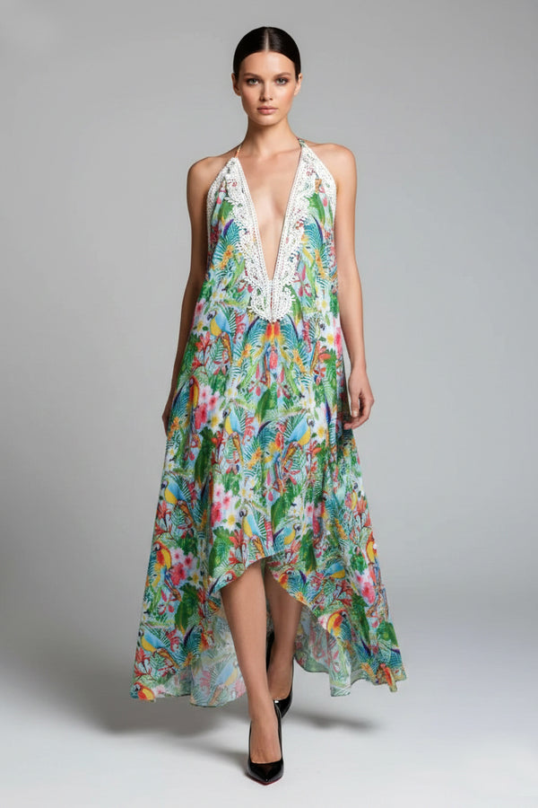 One Size Aqua Embellished Floral Print Silk Maxi Dress