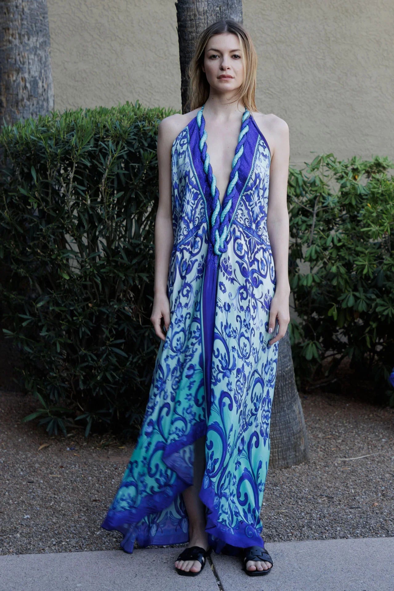 extravagant blue dress Luxury Blue Crystal Beaded Mermaid Evening Dress With Cape Sleeves LA73692 nude / 4 main image 1