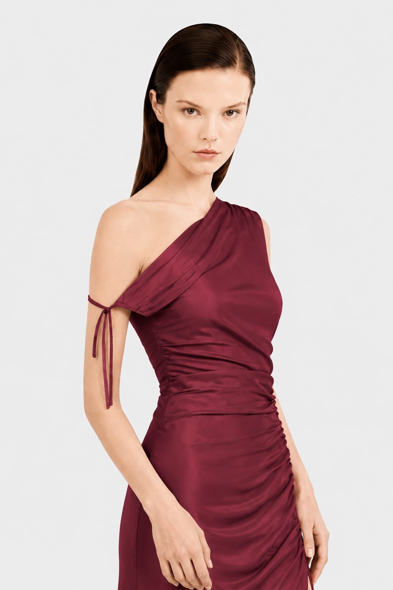 Luxury Burgundy One Shoulder Stretch Satin Maxi Dress – Shahida Parides