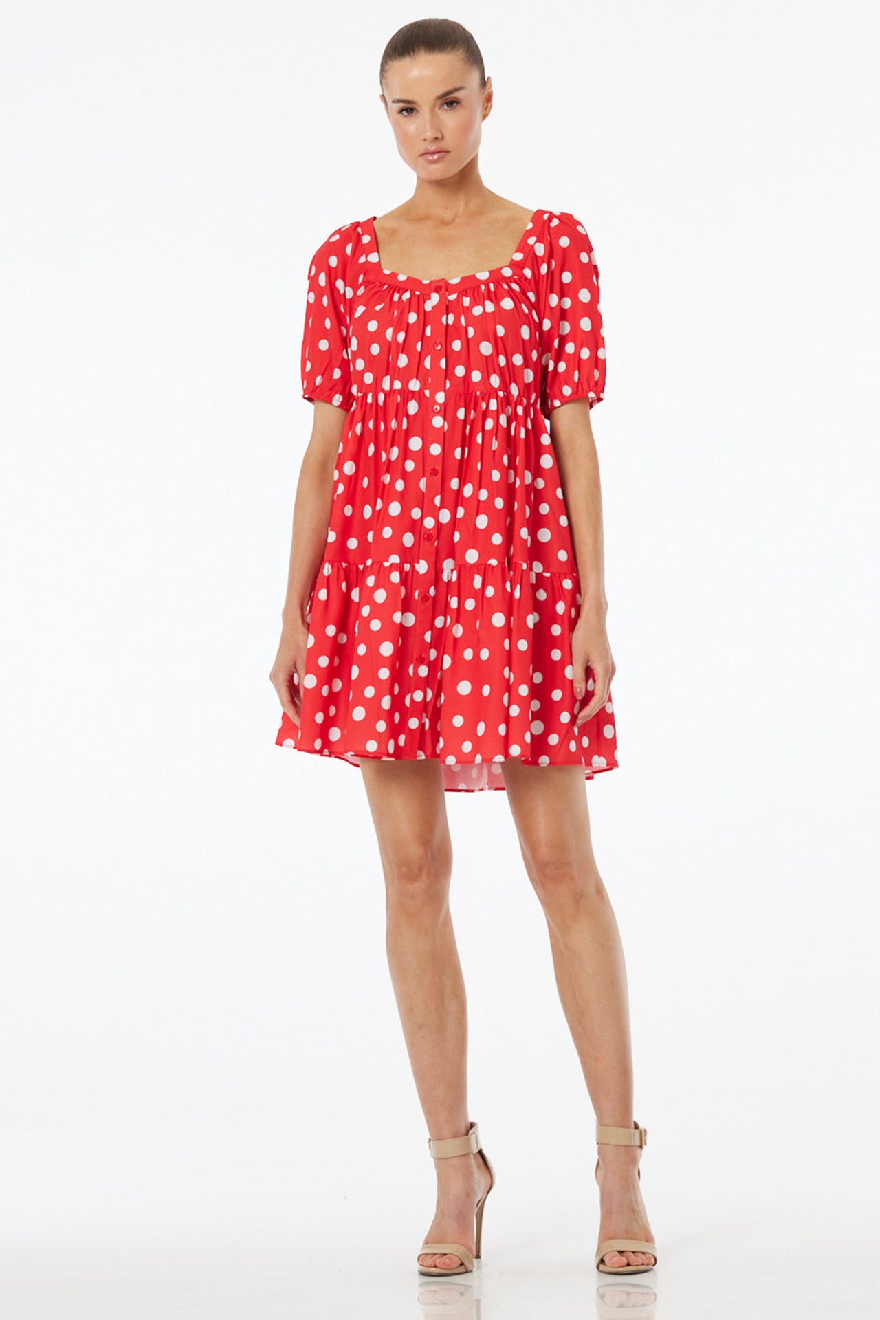 polka dot dress luxury S Luxury Red Polka Dot Babydoll Mini Dress with Puff Sleeves