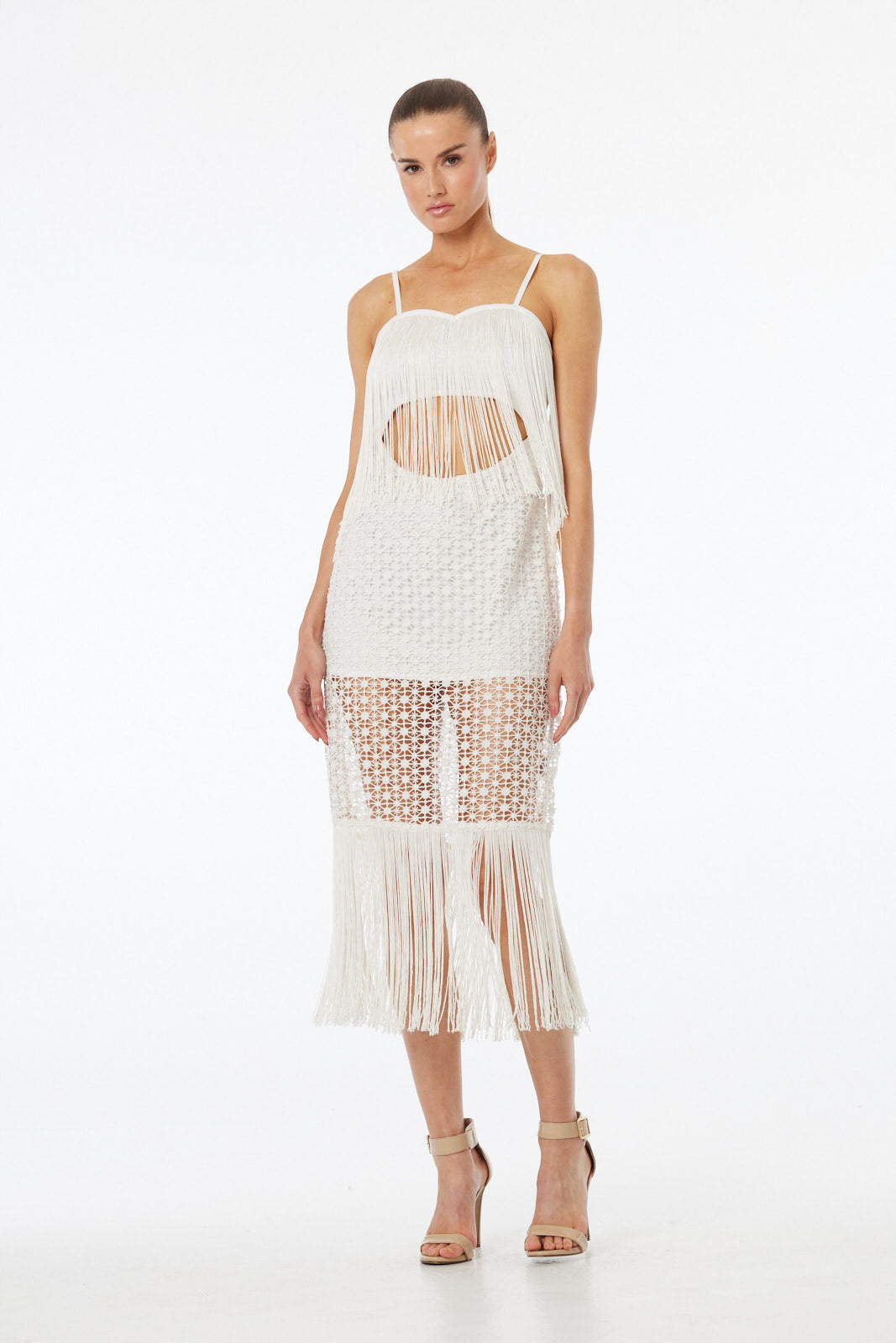 crochet dress fringe Luxury White Fringe Crochet Midi Resort Dress – Shahida Parides