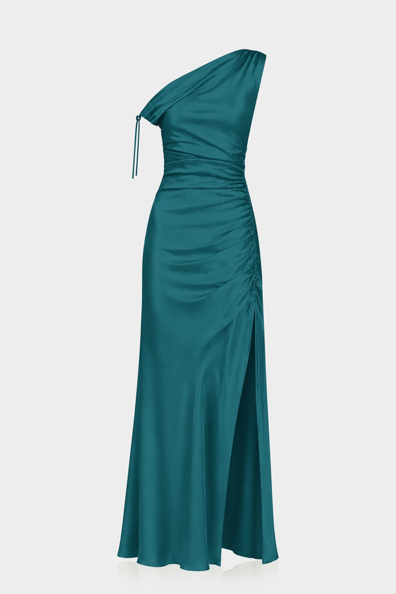stretchy holiday dress S Luxury Rich Teal One Shoulder Gathered Stretch Satin Maxi nookie