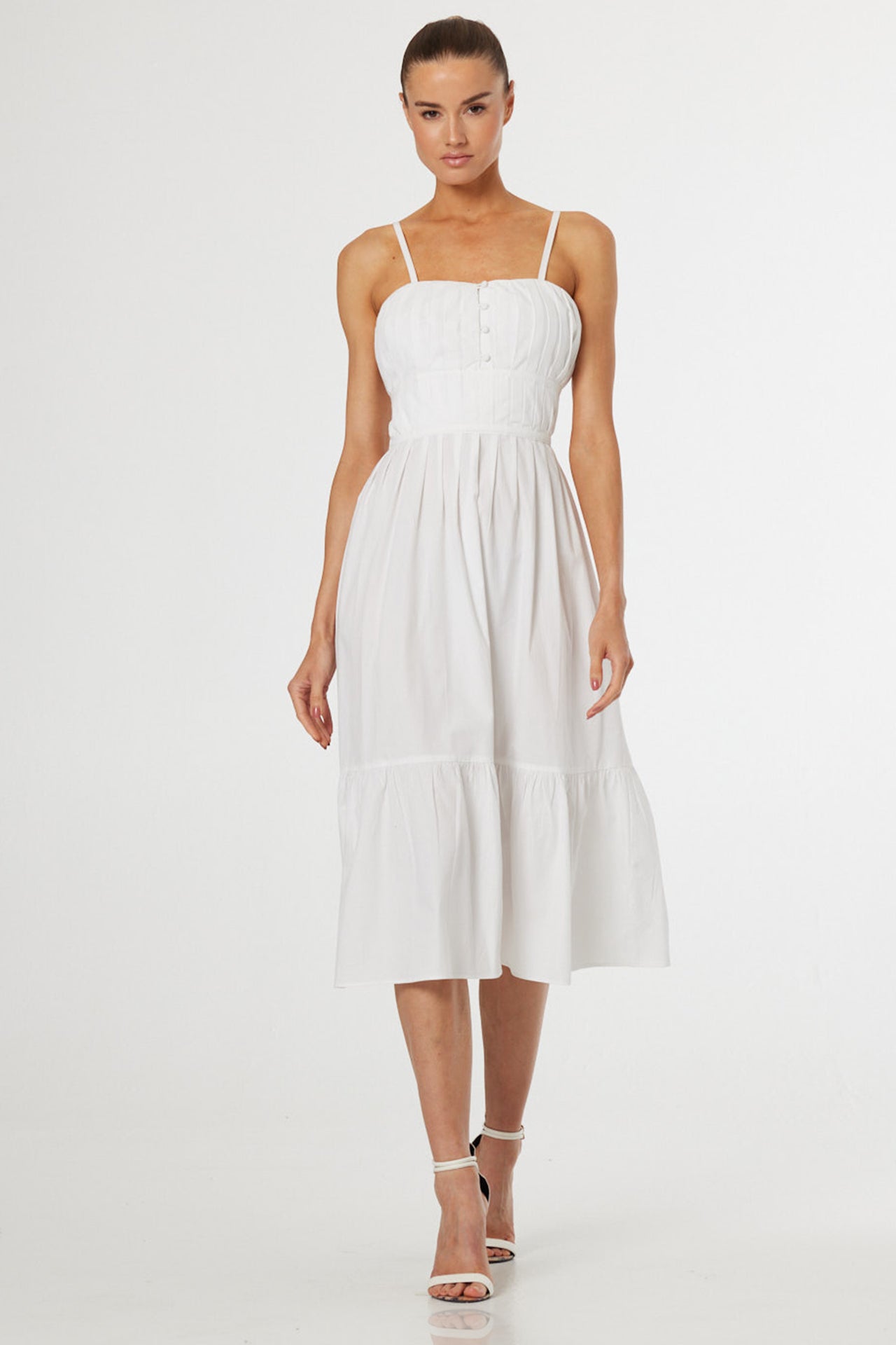 S Luxury White Cotton Midi Dress with Open Back & Feminine Tiered Silhouette