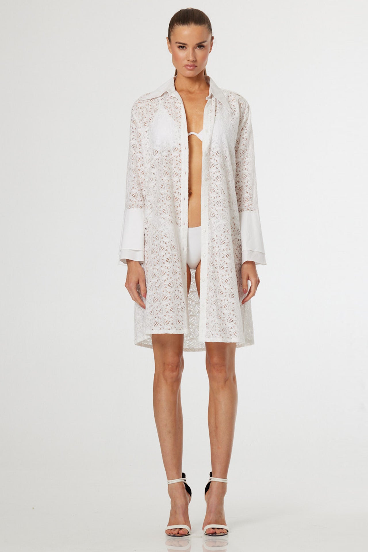 S Luxury White Crochet Lace Beach Cover-Up with Collared Neckline