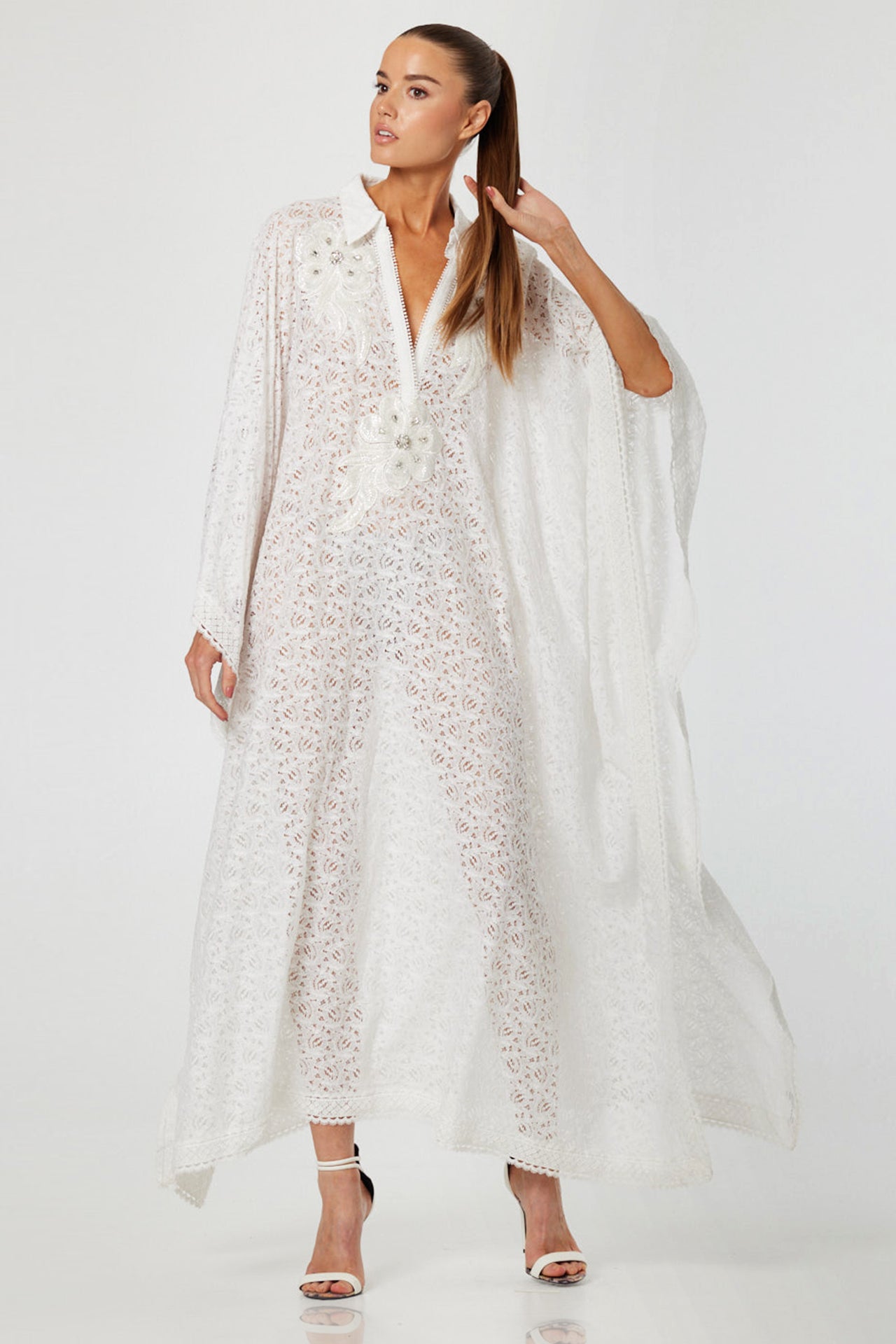 Luxury White Crochet Lace Kaftan Dress for Women – Shahida Parides