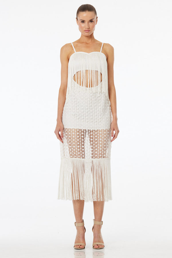 fringe crochet dress Luxury White Fringe Crochet Midi Resort Dress – Shahida Parides