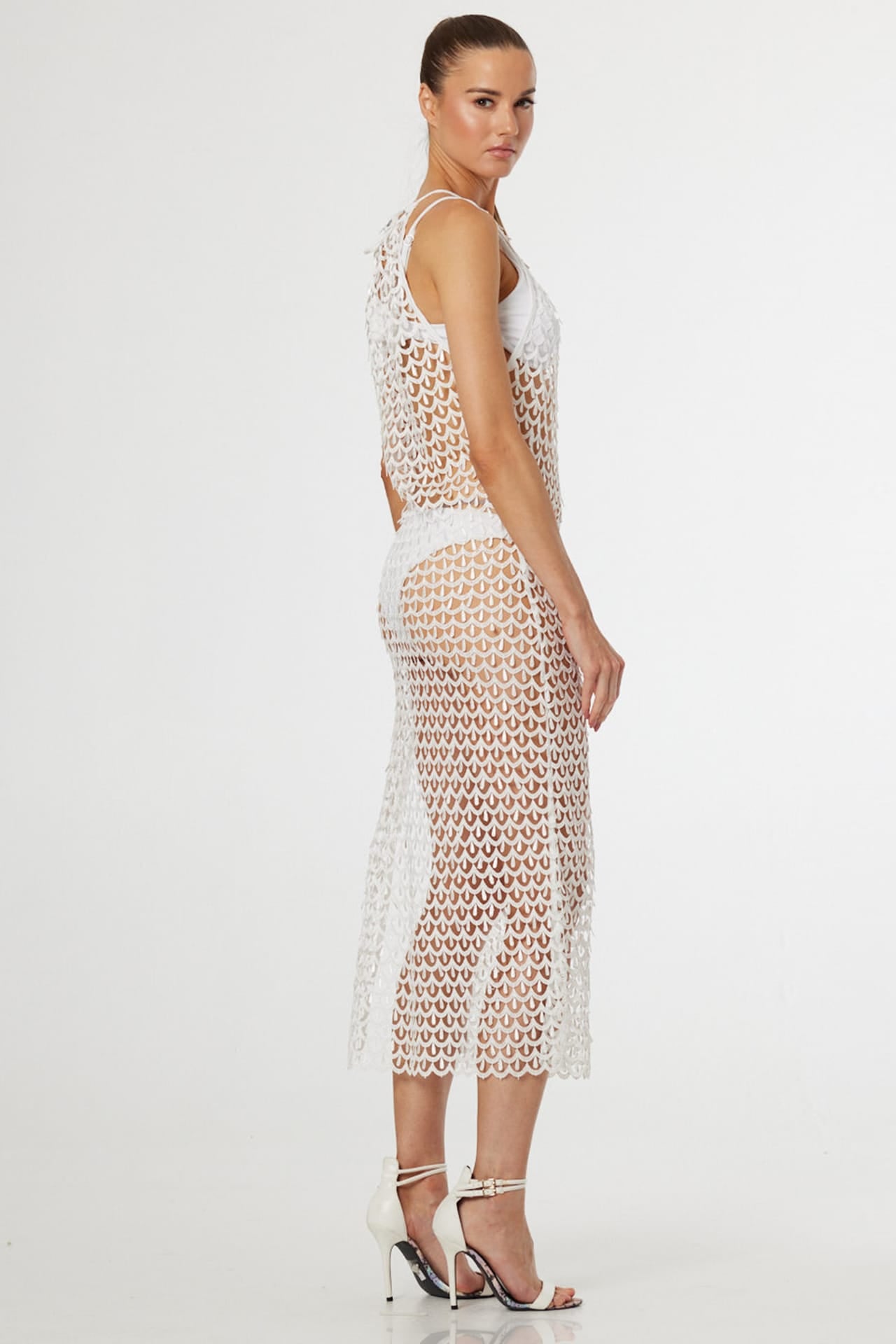 luxury beach dress White Halter Neck Crochet for Tropical Vacations – Shahida Parides Size:10 US (42 EU) band collar and slim Figure_hugging Audrey Turtleneck Long Sleeve