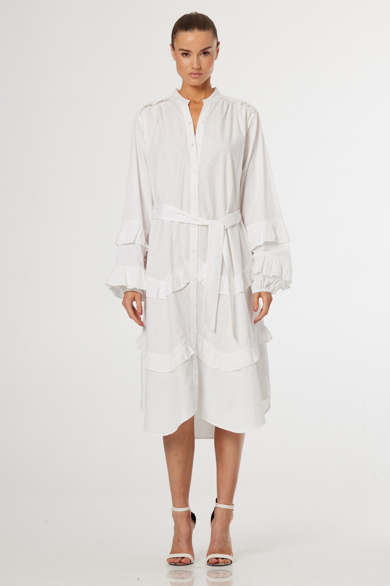 midi white shirt dress S Luxury with Ruffle Sleeves & Tie Waist flared skirt filter:Price:$40-$64.99 Wedding Dresses We Would Size:66L