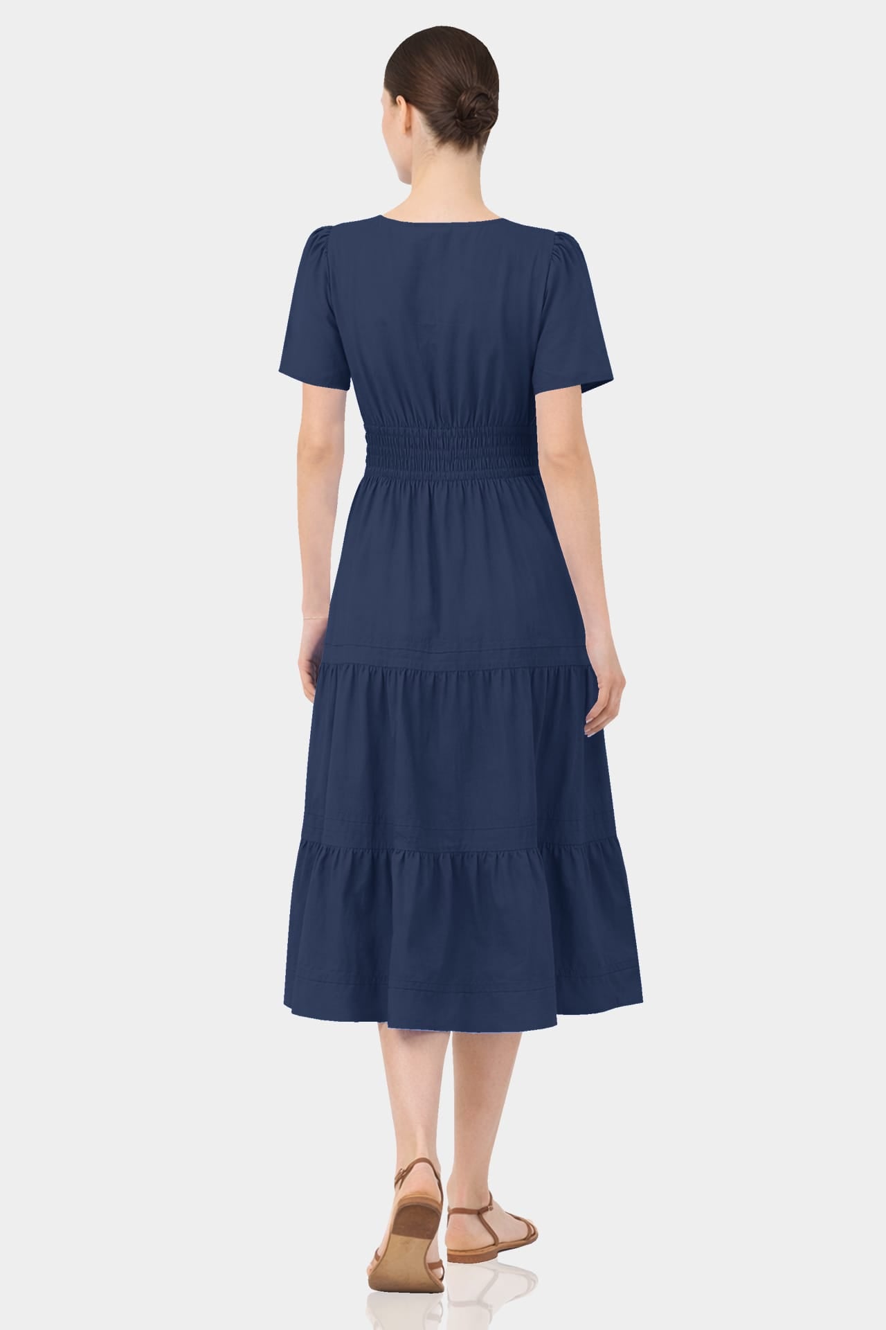 midi dress business casual Standard / S Midnight Navy Smocked Waist Cotton Midi Dress for Women – Business Casual & Everyday Wear
