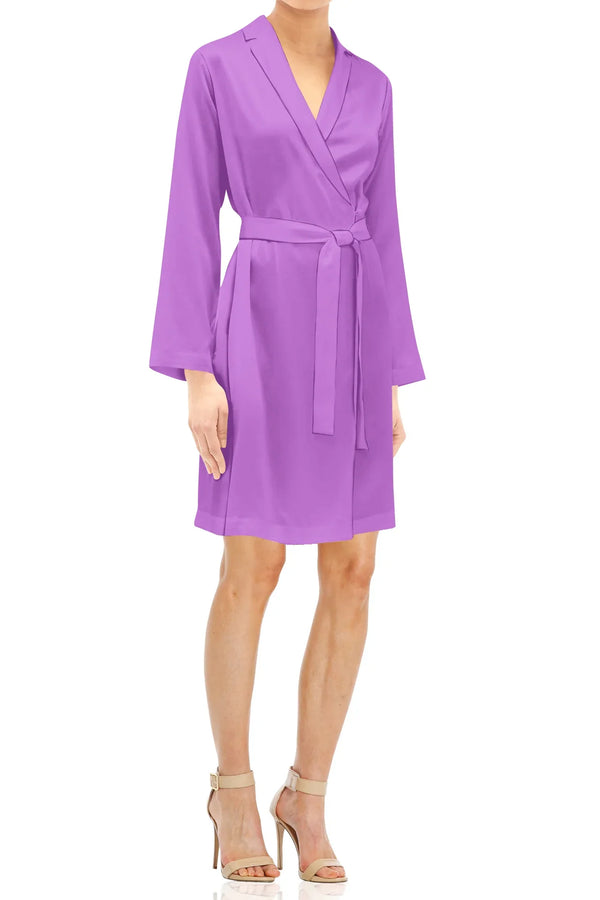 Small African Violet Mini Length Wrap Dress Made with Cupro Small African Violet Mini Length Wrap Dress Made with Cupro