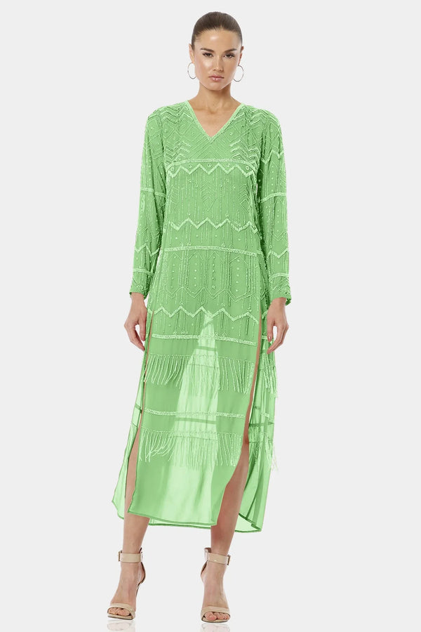 S Royal Mint Green Fringe Edged Emerald Long Dress S Royal Mint Green Fringe Edged Emerald Long Dress
