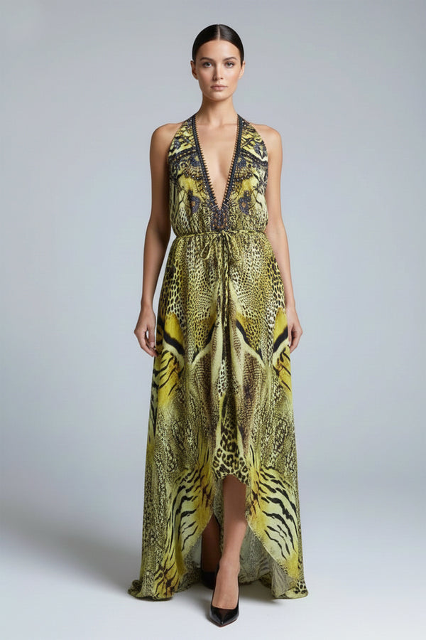 One Size Olive Green Tropical Leaf Print Halter Maxi Dress One Size Olive Green Tropical Leaf Print Halter Maxi Dress