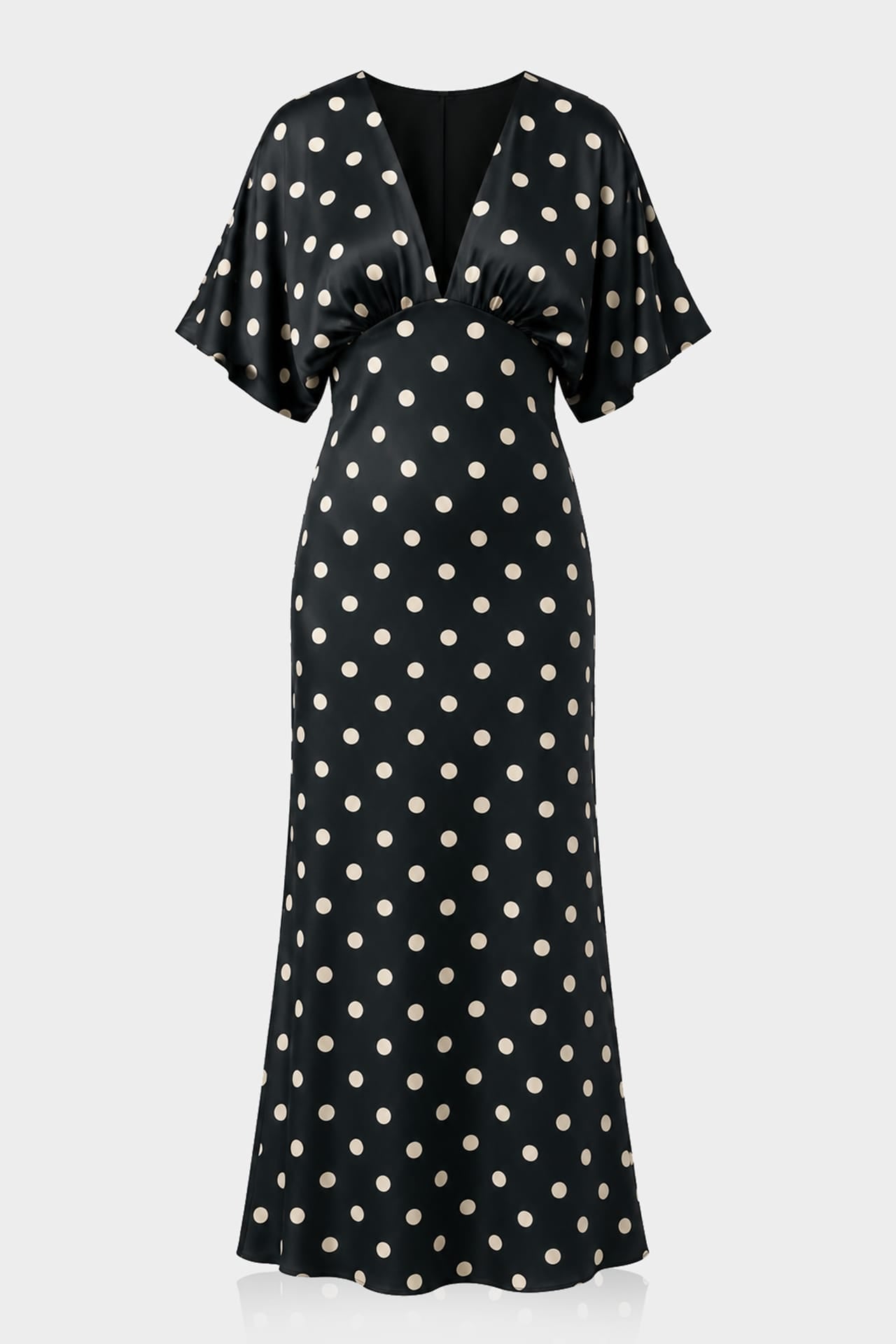 Standard / XS Black and White Polka Dot Deep-V Flutter-Sleeve Satin A-Line Wedding Guest Dress