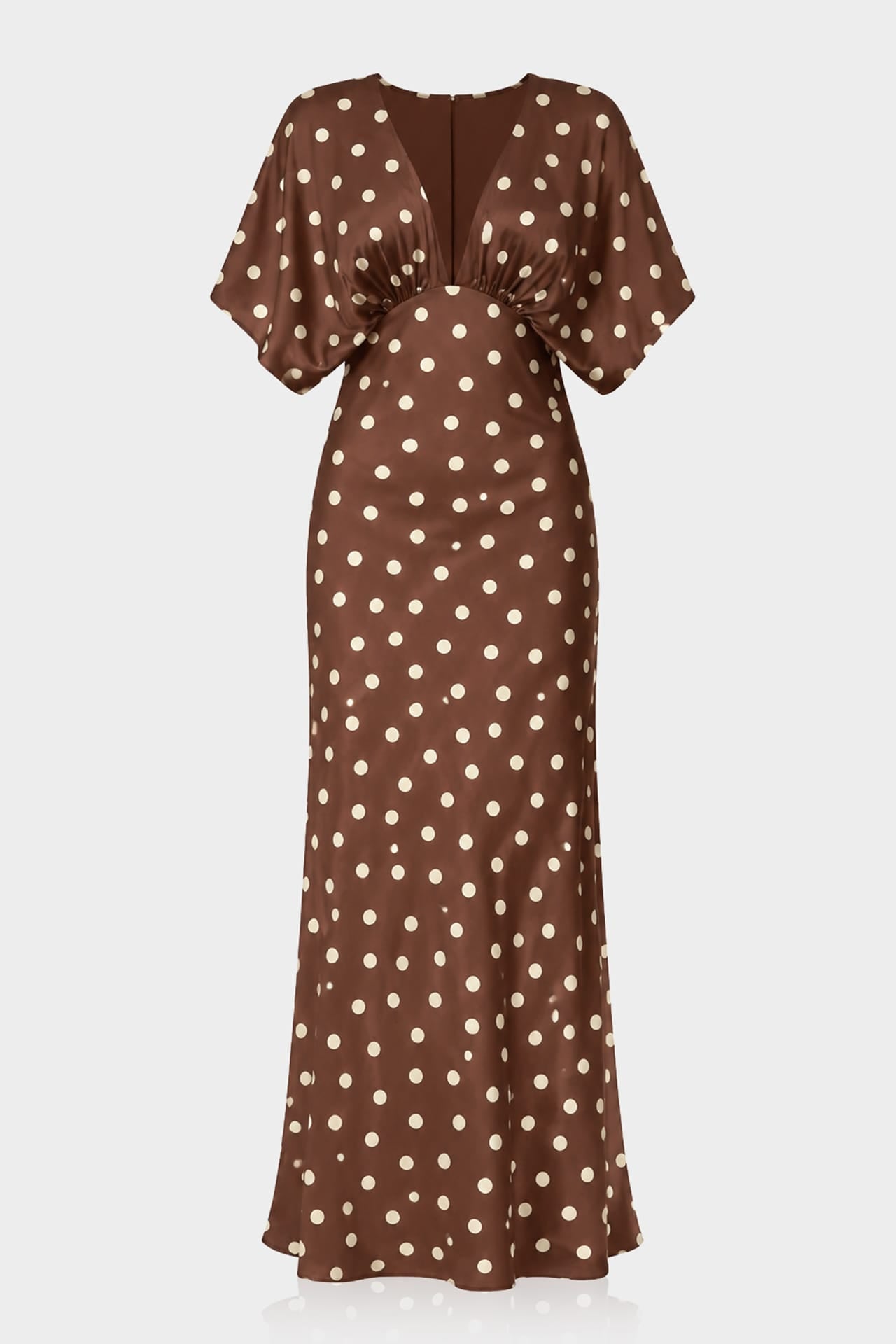 Standard / XS Brown Polka Dot Deep-V Flutter-Sleeve Satin A-Line Wedding Guest Dress