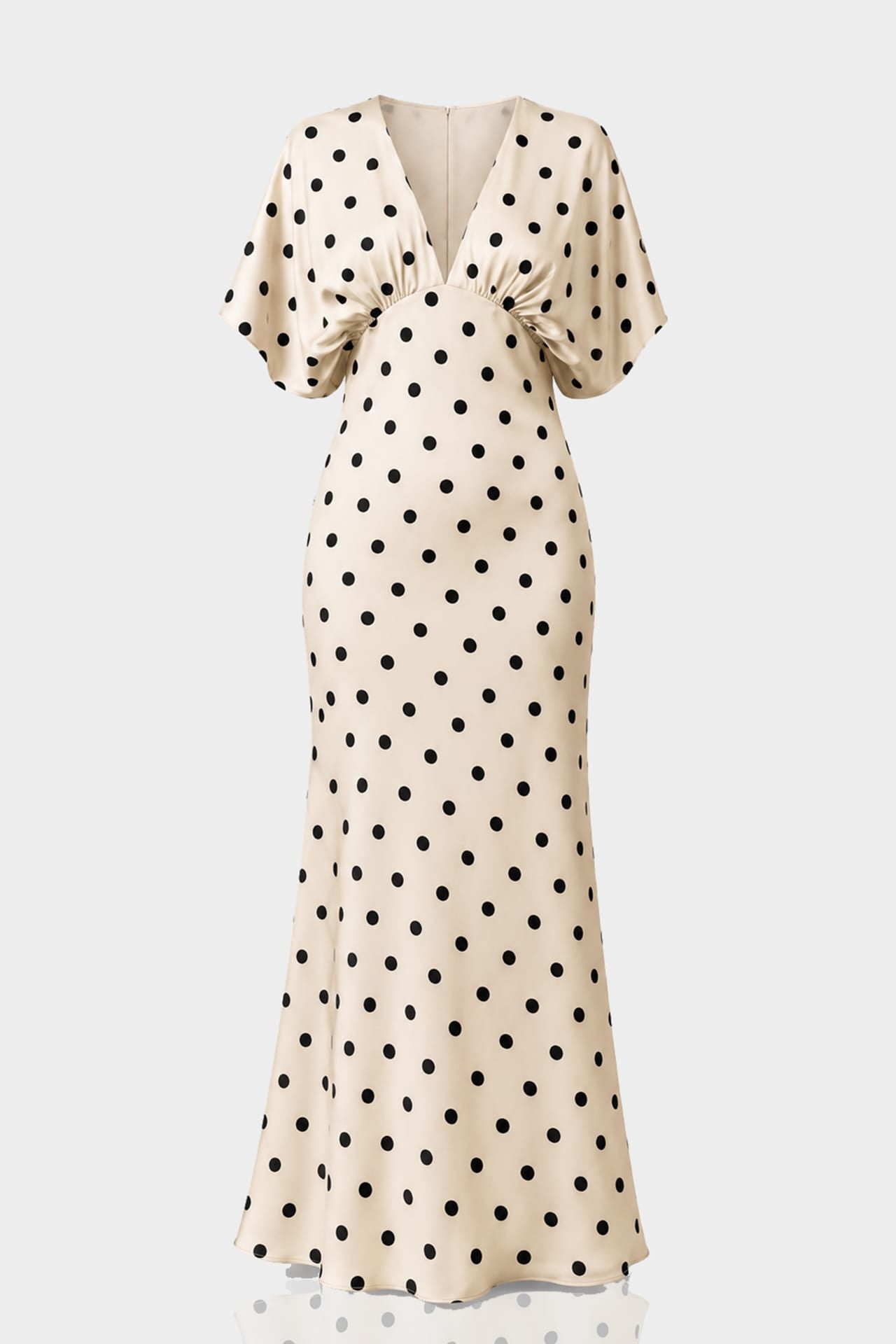 Ivory Polka Dot Satin Wedding Guest Dress | Deep-V Flutter Sleeve