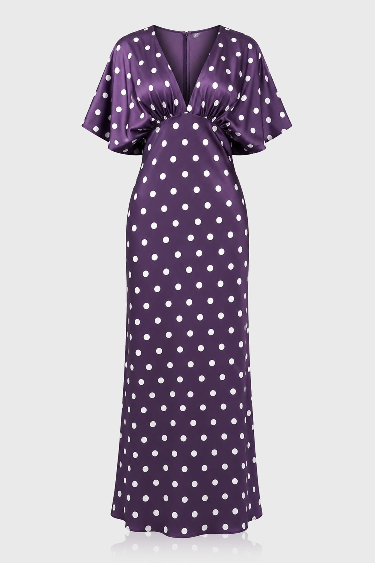 Standard / XS Plum Polka Dot Deep-V Flutter-Sleeve Satin A-Line Wedding Guest Dress