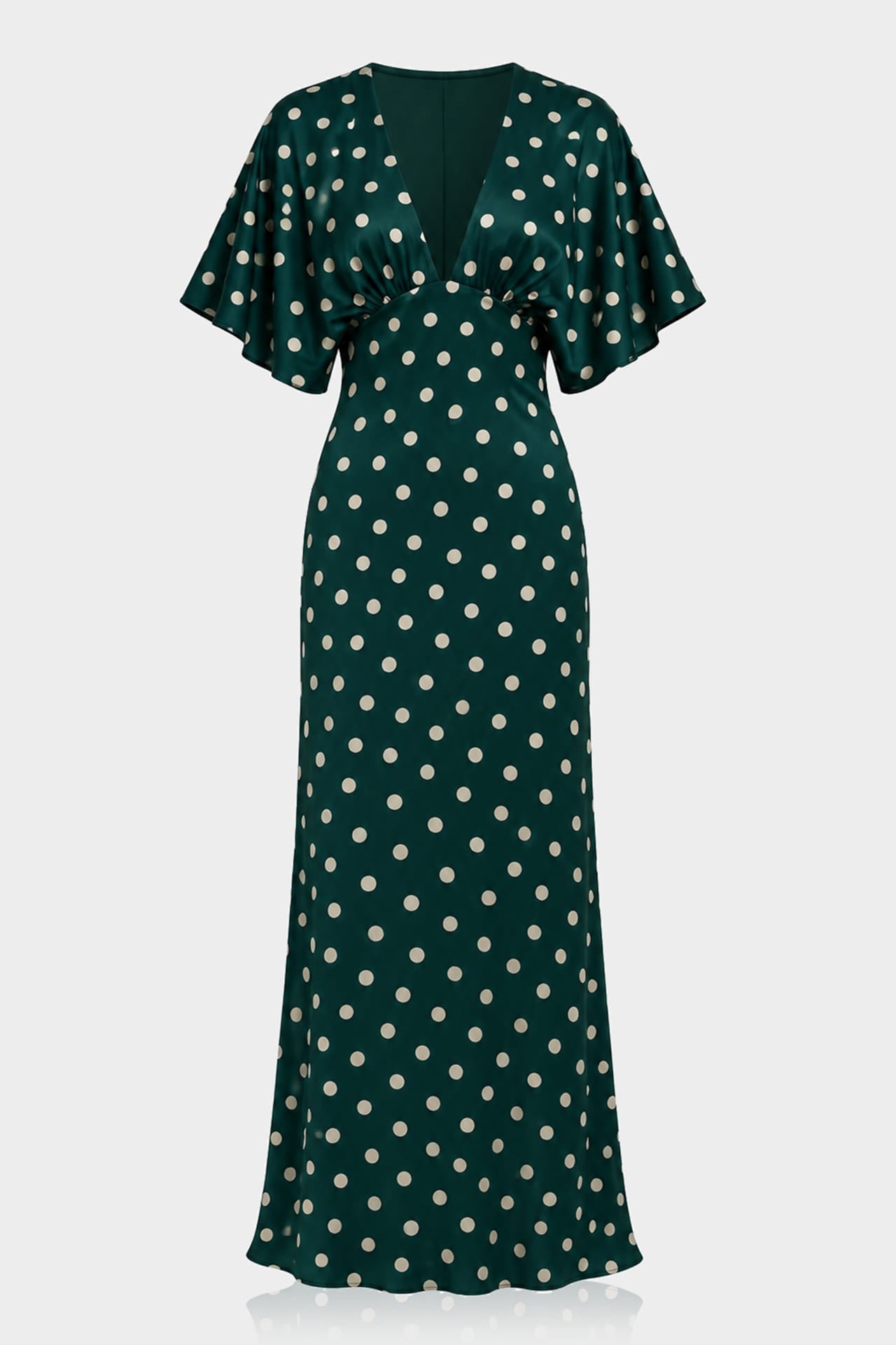 Standard / XS Teal Green Polka Dot Deep-V Flutter-Sleeve Satin A-Line Wedding Guest Dress