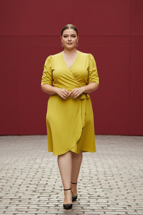 mustard midi dress S LuxeCurve Mustard Wrap Midi Dress