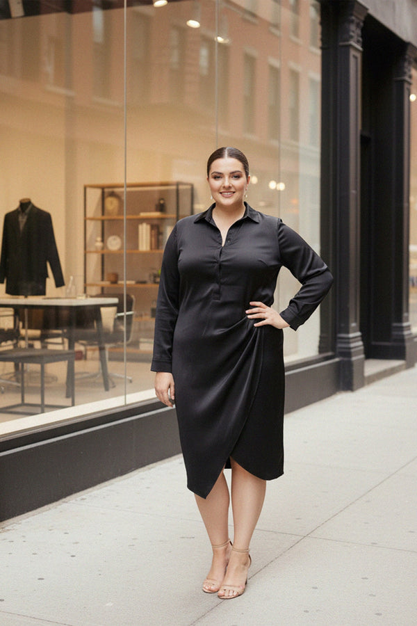 black satin midi dress plus size Short Sleeve Satin Midi Dress Xpluswear Design Plus Size Formal Black All Over Print Stand-Up Collar Short Sleeve Pocket Elegant Satin Midi Dresses