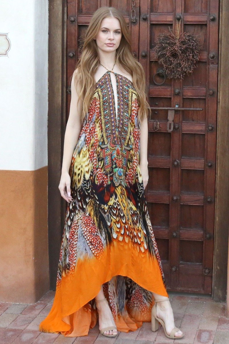  orange floor length dress, long satin dress, Shahida Parides, plus size maxi dresses, flowy maxi dress,