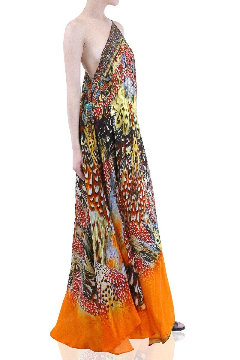  bright orange maxi dress, formal dresses for women, Shahida Parides, plunging neckline cocktail dress,