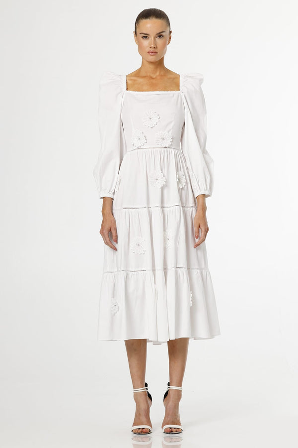 tiered hem midi dress Small White Floral Appliqué Midi Dress for Resort & Bridal Wear