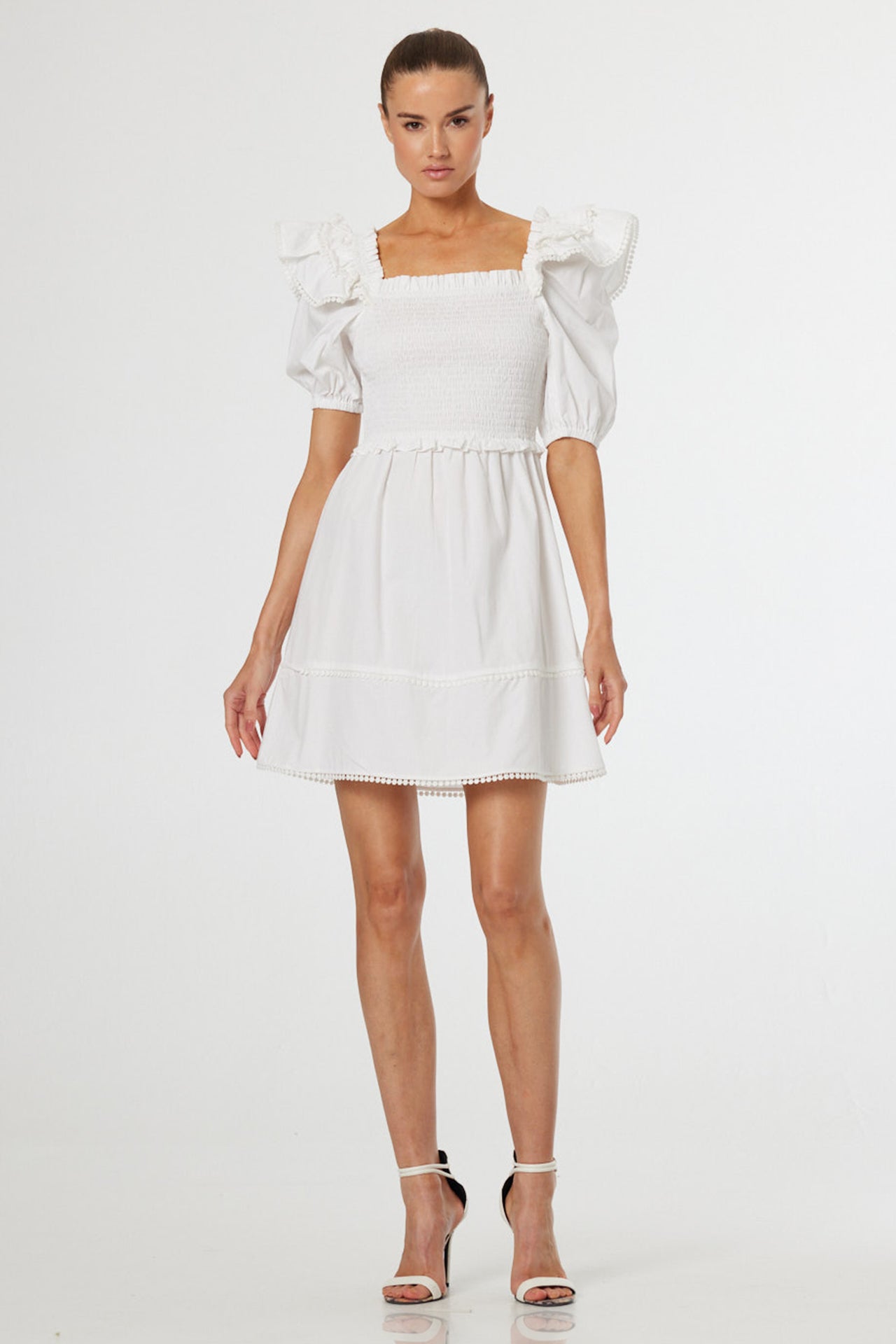 luxury white mini dress S Puff Sleeve with Smocked Bodice & Ruffle Details women-vintage-silk-sari Blu Pointe | Fine The dress is also Color:Striped