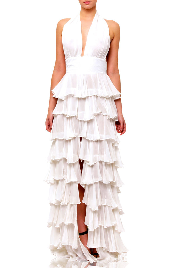 white layered frill dress Small Chalk White Long Ruffle Dress