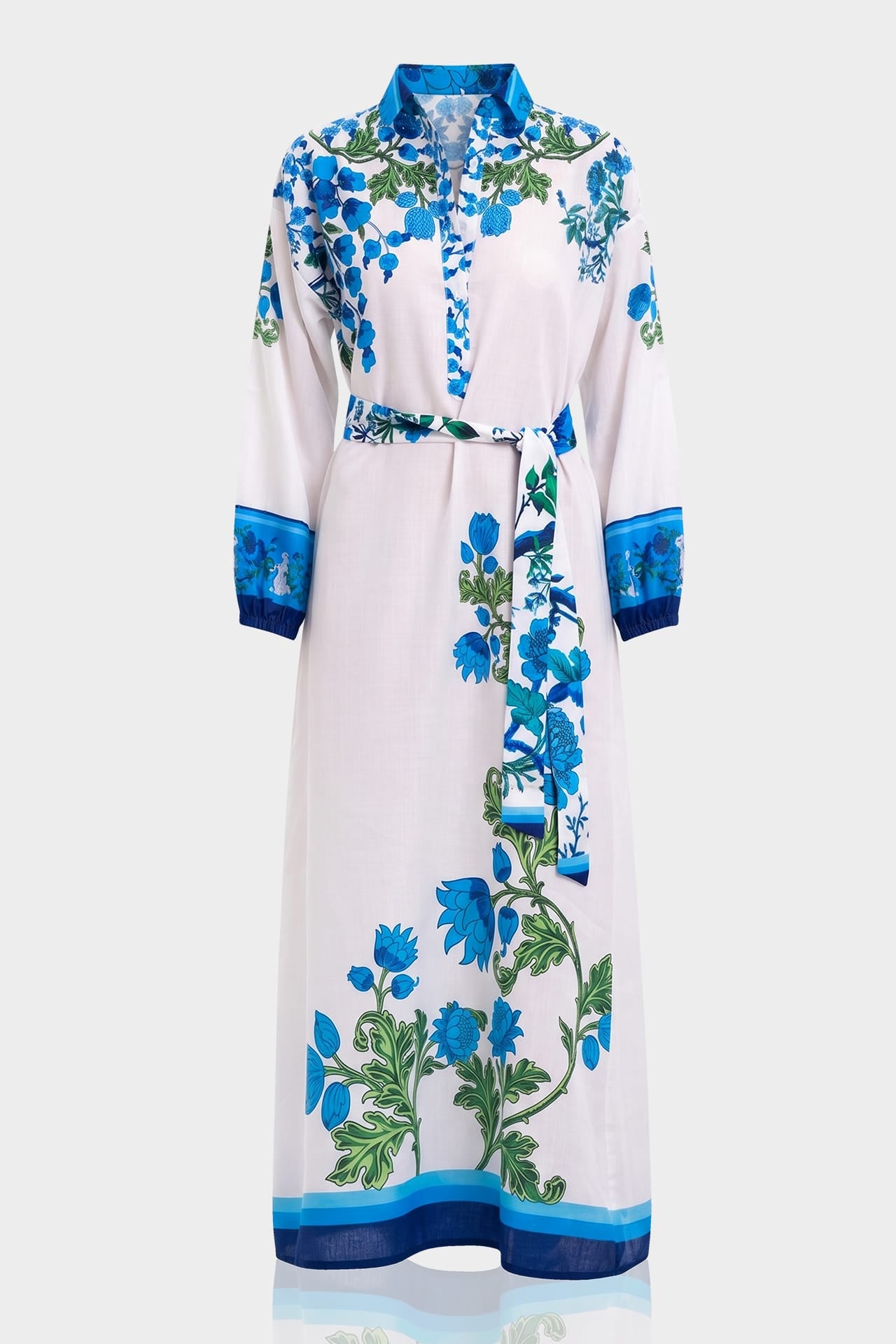 White & Blue Floral Cotton Maxi Dress