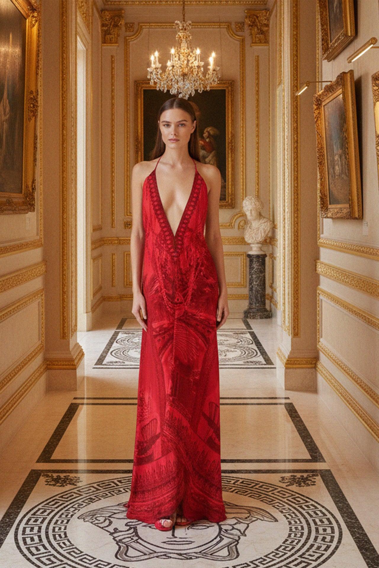 One Size Red Backless Multiway Dress- Maxi dress with removable waits belt and beaded detail