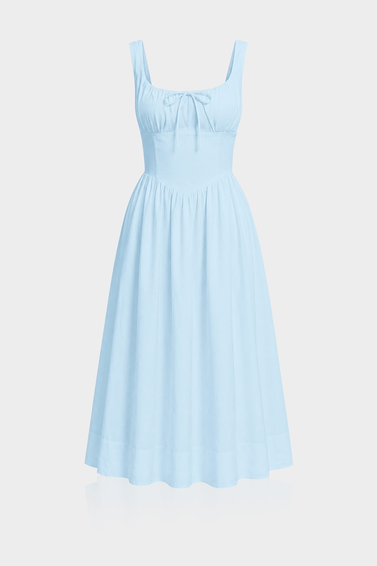 S Sky Blue Linen Corset Midi Dress with Square Neckline – Bridal Shower Dress