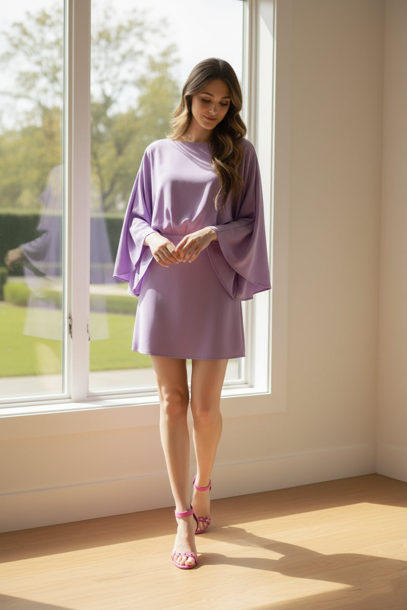 S Elegant Crew Neck Long Flared Sleeve Mini Dress S Elegant Crew Neck Long Flared Sleeve Mini Dress
