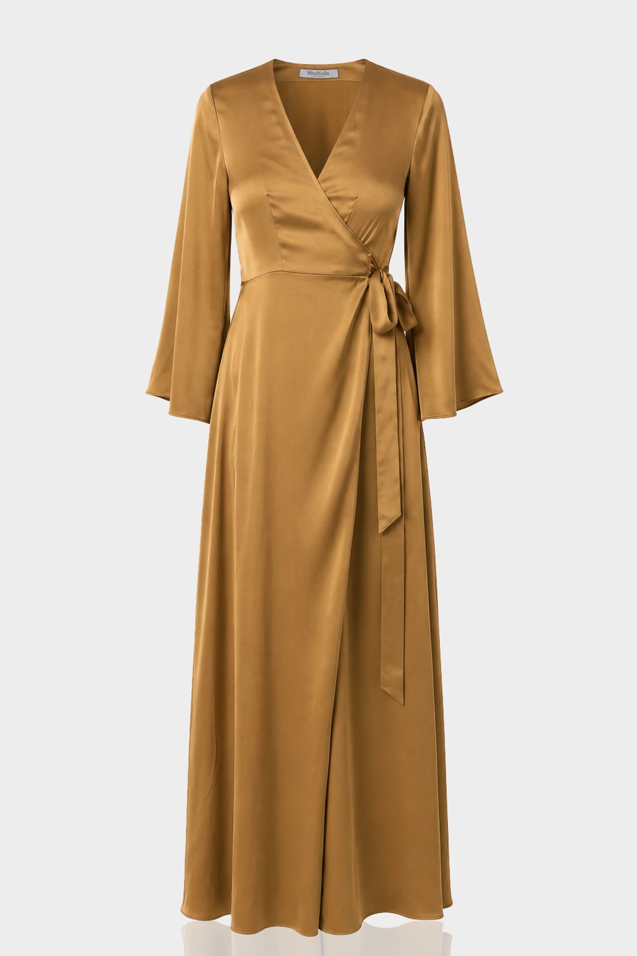 wrap dress champagne S Beige Satin Maxi Bridesmaid – Long Sleeve Wedding Gown True wrap design with Classic Cocktail Dress Arrives wedding party dress Size:Size 8---Bust 35.5 Waist 28.5 Hips 38.75 Shoulder to floor 59