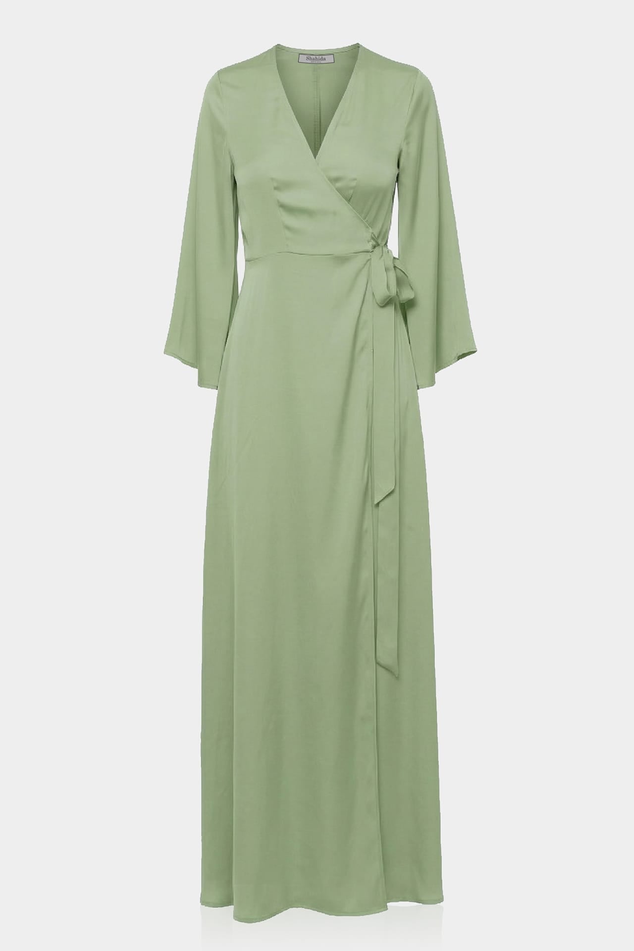 S Sage Satin Wrap Bridesmaid Dress – Elegant Maxi Wedding Party Dress
