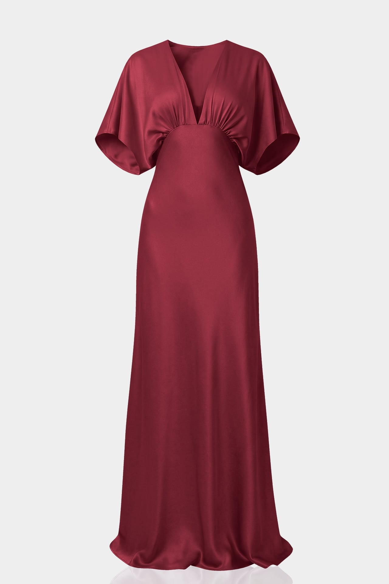 Burgundy Bridesmaid Deep V Flutter Sleeve Satin A-Line Gown
