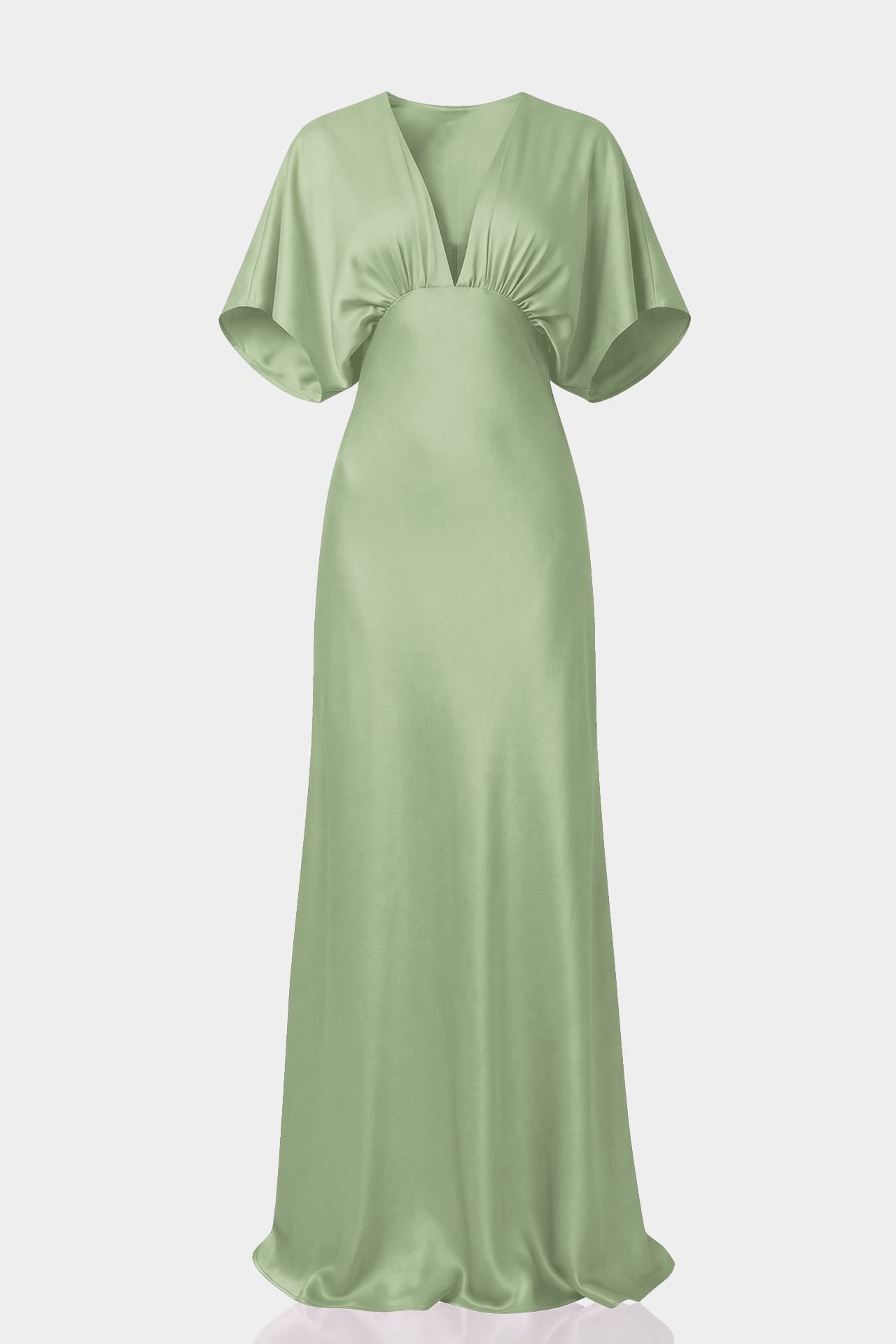 Standard / XS Sage Green Satin Bridesmaid Deep V Flutter Sleeve Satin A-Line Gown