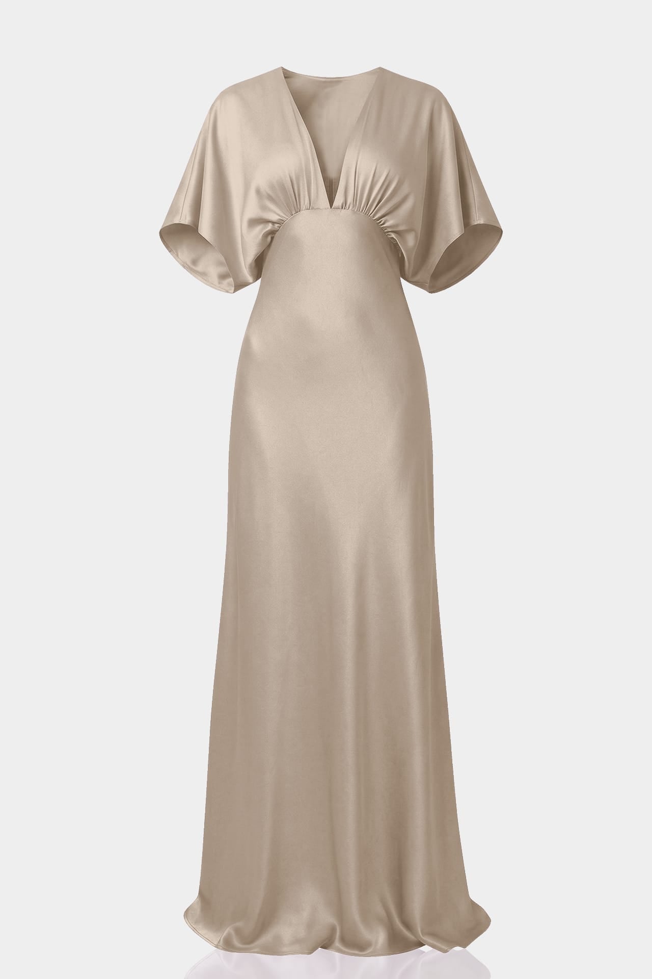 Standard / XS Shasi Taupe Deep-V Flutter-Sleeve Satin A-Line Bridesmaid Gown- Bridal Party Gown