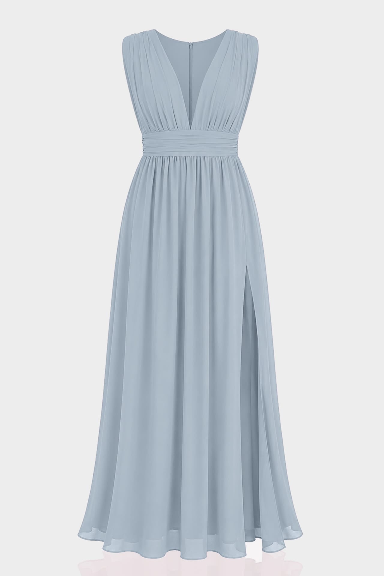 S / With Slit Dusty Blue Heaven Hue V-Neck Chiffon Maxi Dress by Shahsi