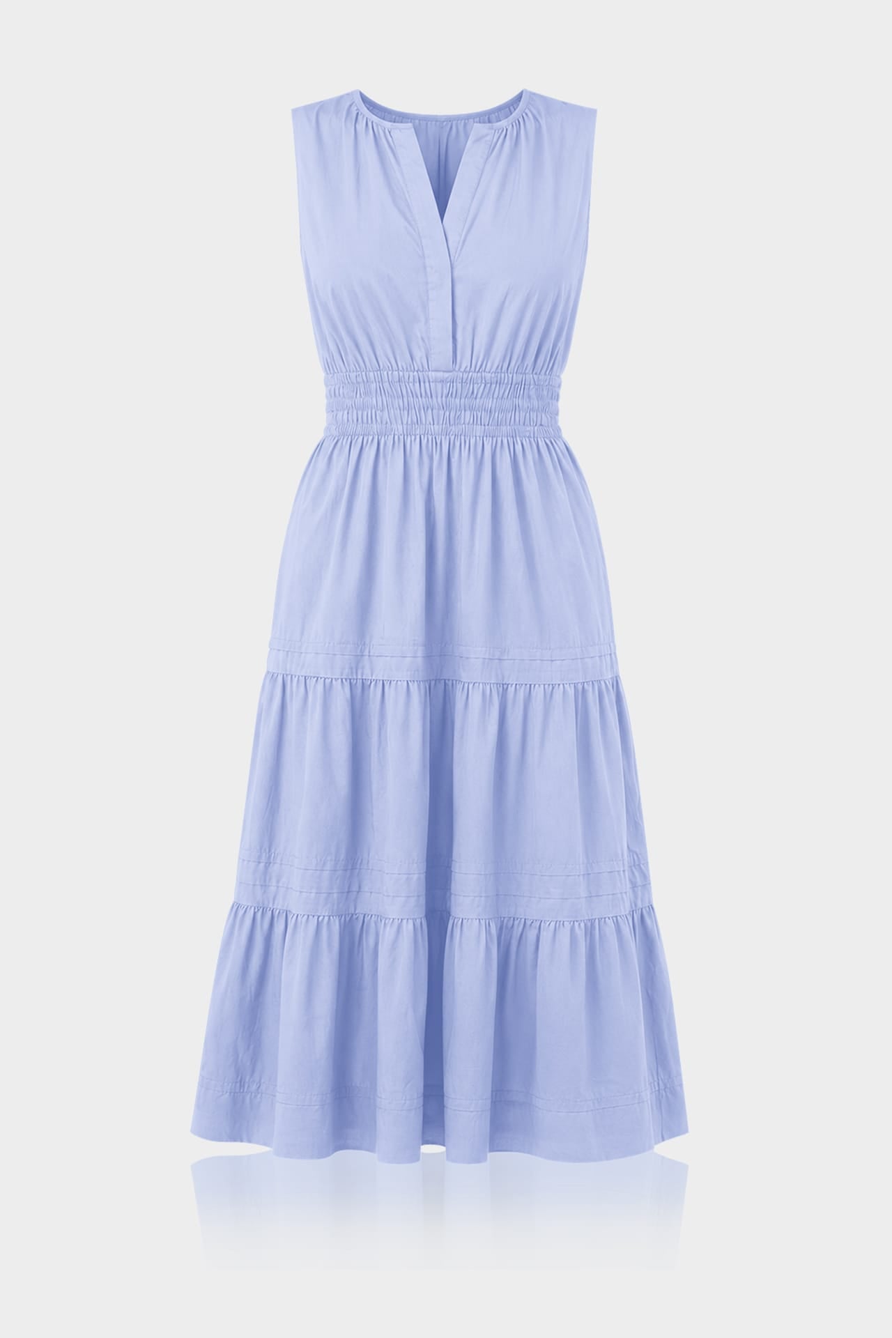 Icy Blue Sleeveless Cotton Poplin Midi Dress with Smocked Waist – Shahida Parides