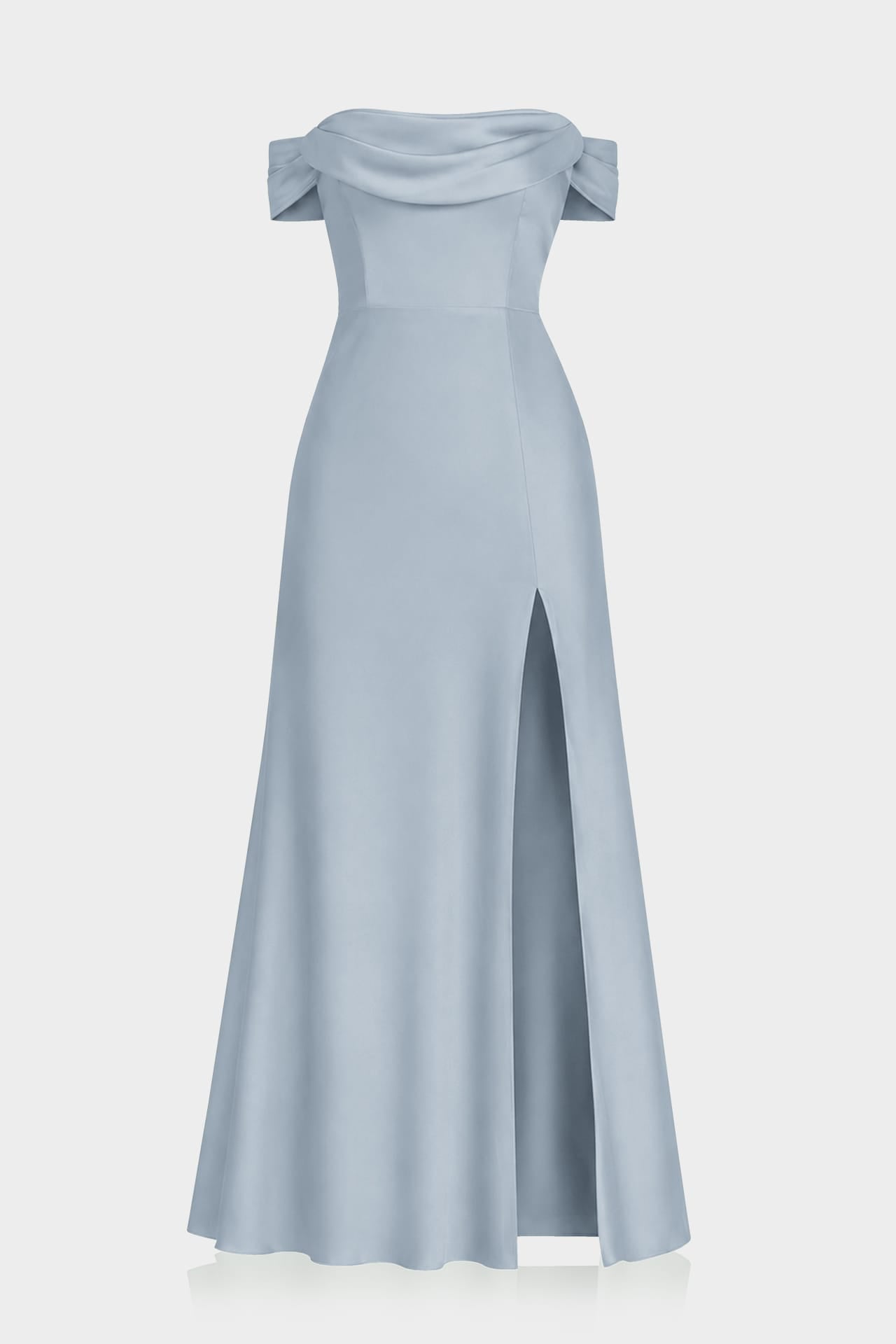 S Dusty Blue Off Shoulder Bridesmaid Dress – Multiway Satin Maxi with High Slit
