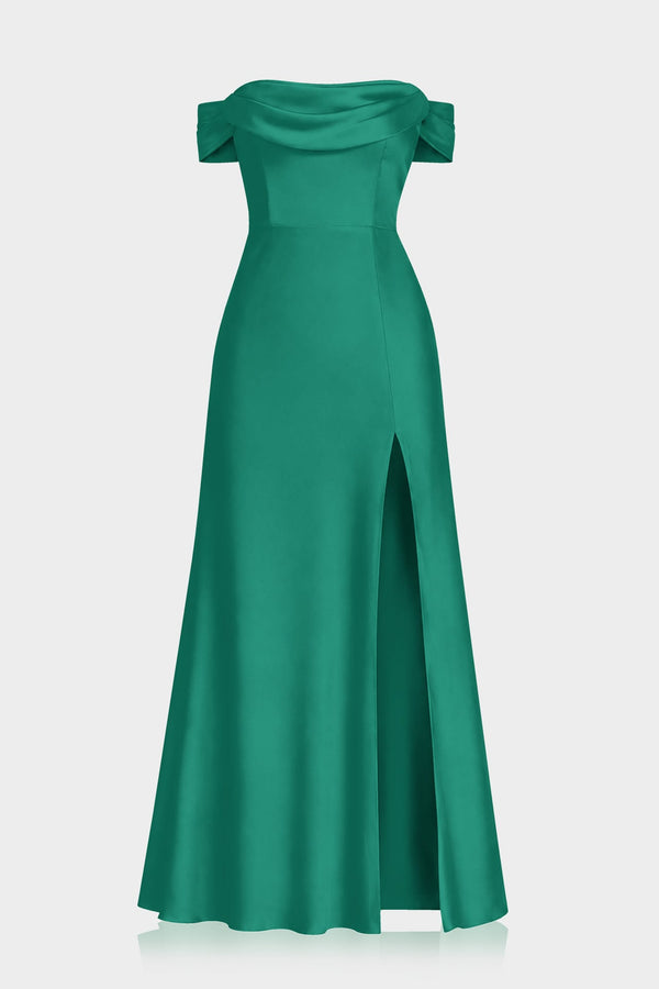 S Luxury Emerald Green Satin Wedding Guest Maxi Dress with Slit for Women
