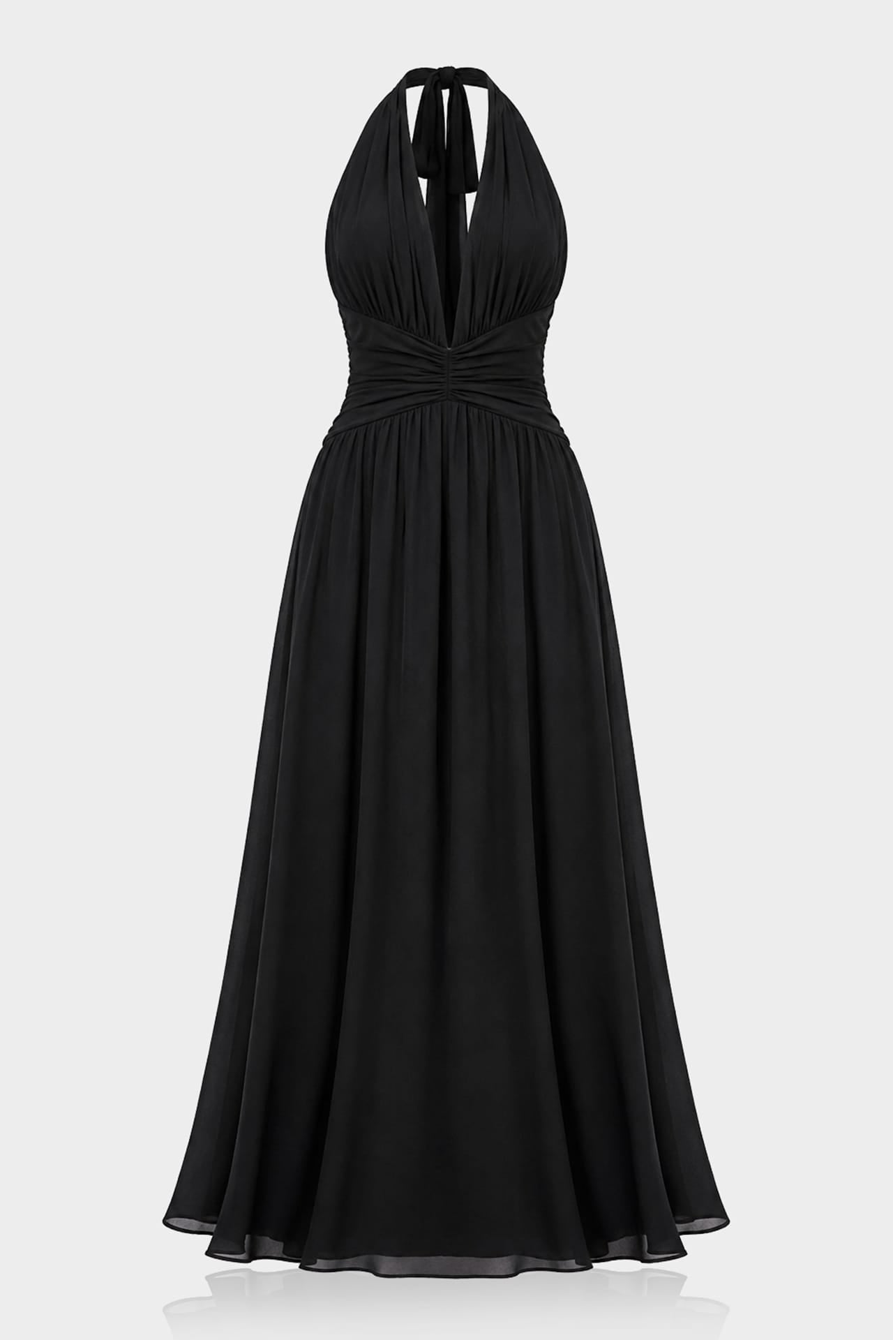 S Black Halter V-Neck Chiffon Bridesmaid Maxi Dress – Floor Length Formal Gown