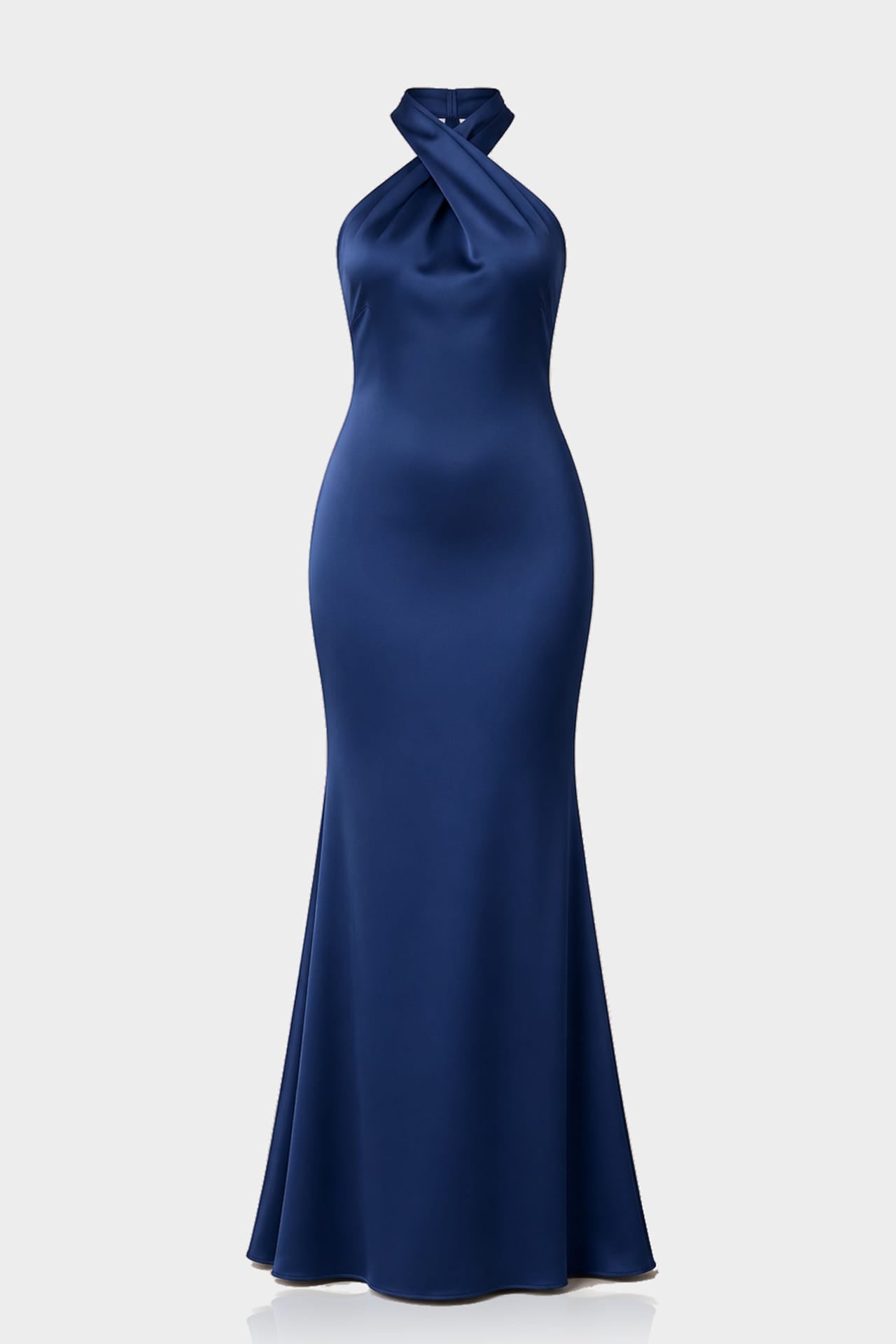 S Navy Blue Satin High Neck Crisscross Halter Maxi Dress – Elegant Mermaid Formal Gown