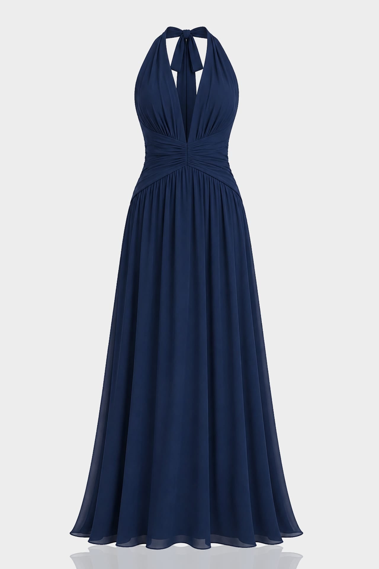 S Navy Halter V-Neck Chiffon Bridesmaid Maxi Dress – Floor Length Formal Gown