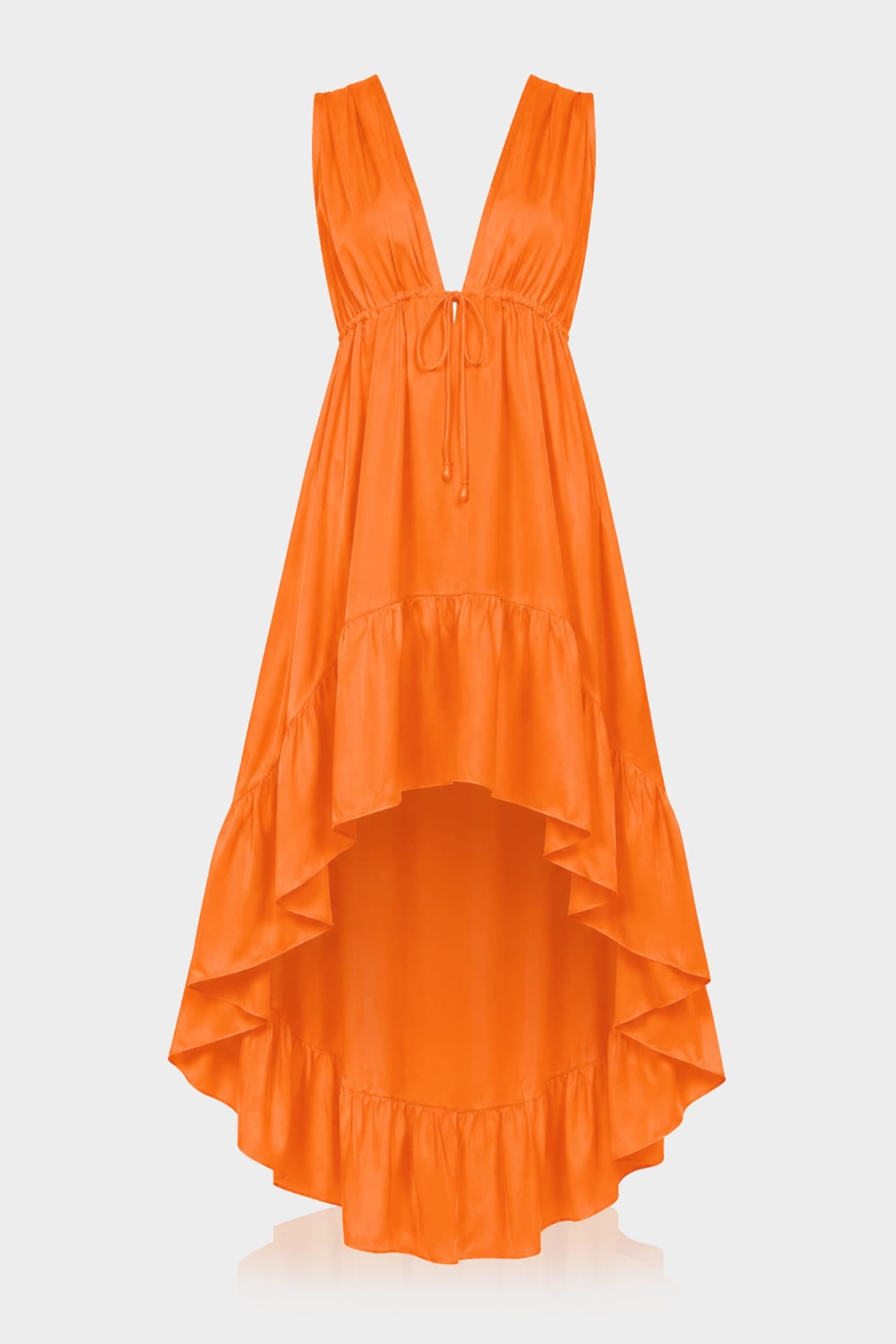 S Sunset Orange Satin High-Low Maxi Dress for Luxury Resort & Vacation Wear