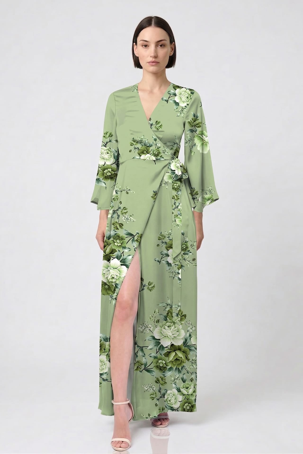 sage green printed long sleeve wrap dress Signature Wrap Dress in Sage Blossom Jennafer Grace