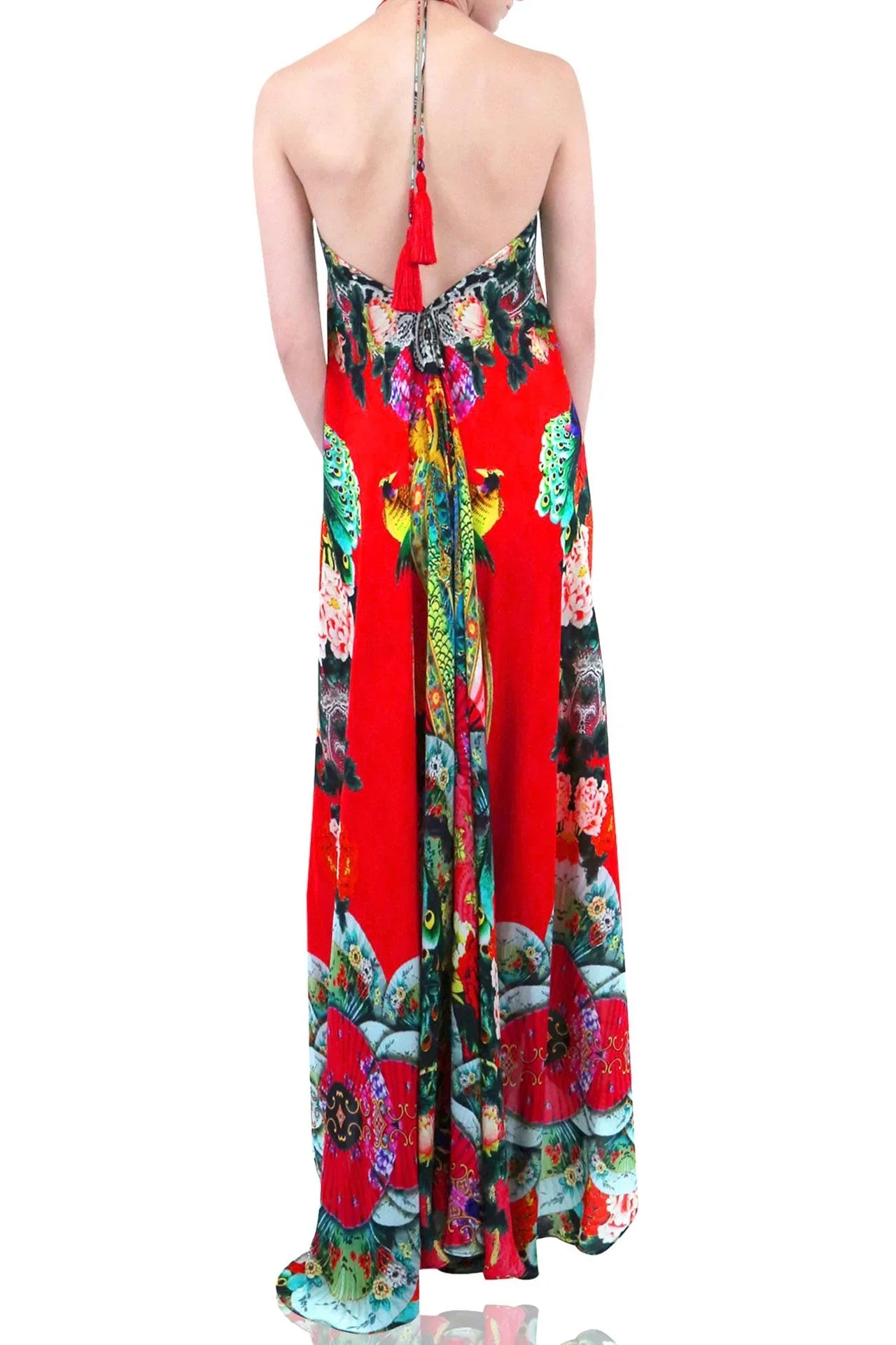 One Size Scarlet Red Floral Print Scarf Maxi Dress