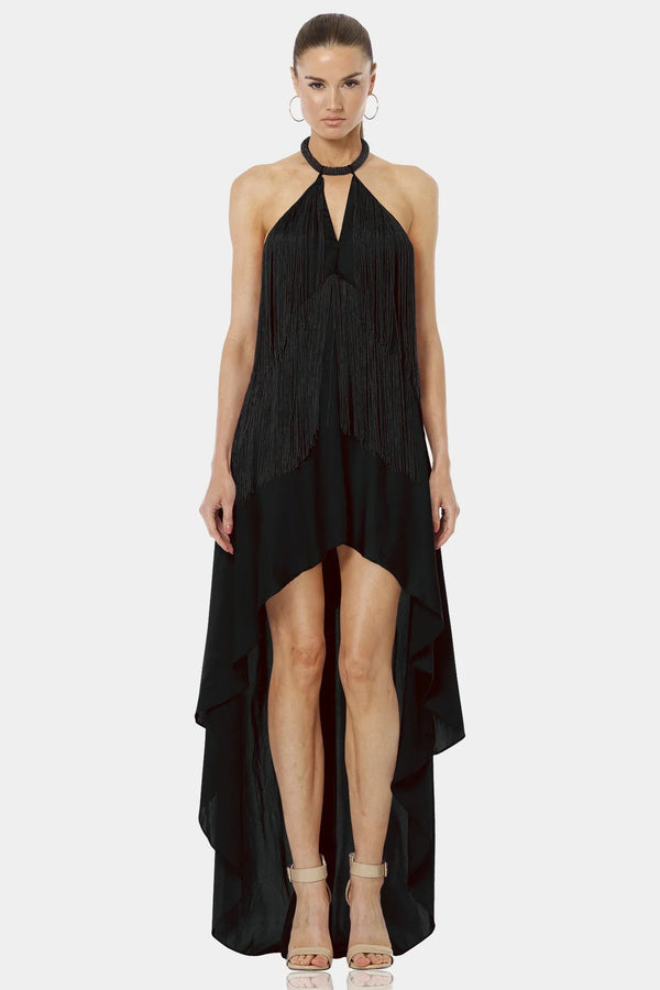 Fringe Halter Dress | High Low Maxi Dress - Shahida Parides Small Fringe Halter Dress | High Low Maxi Dress - Shahida Parides Small