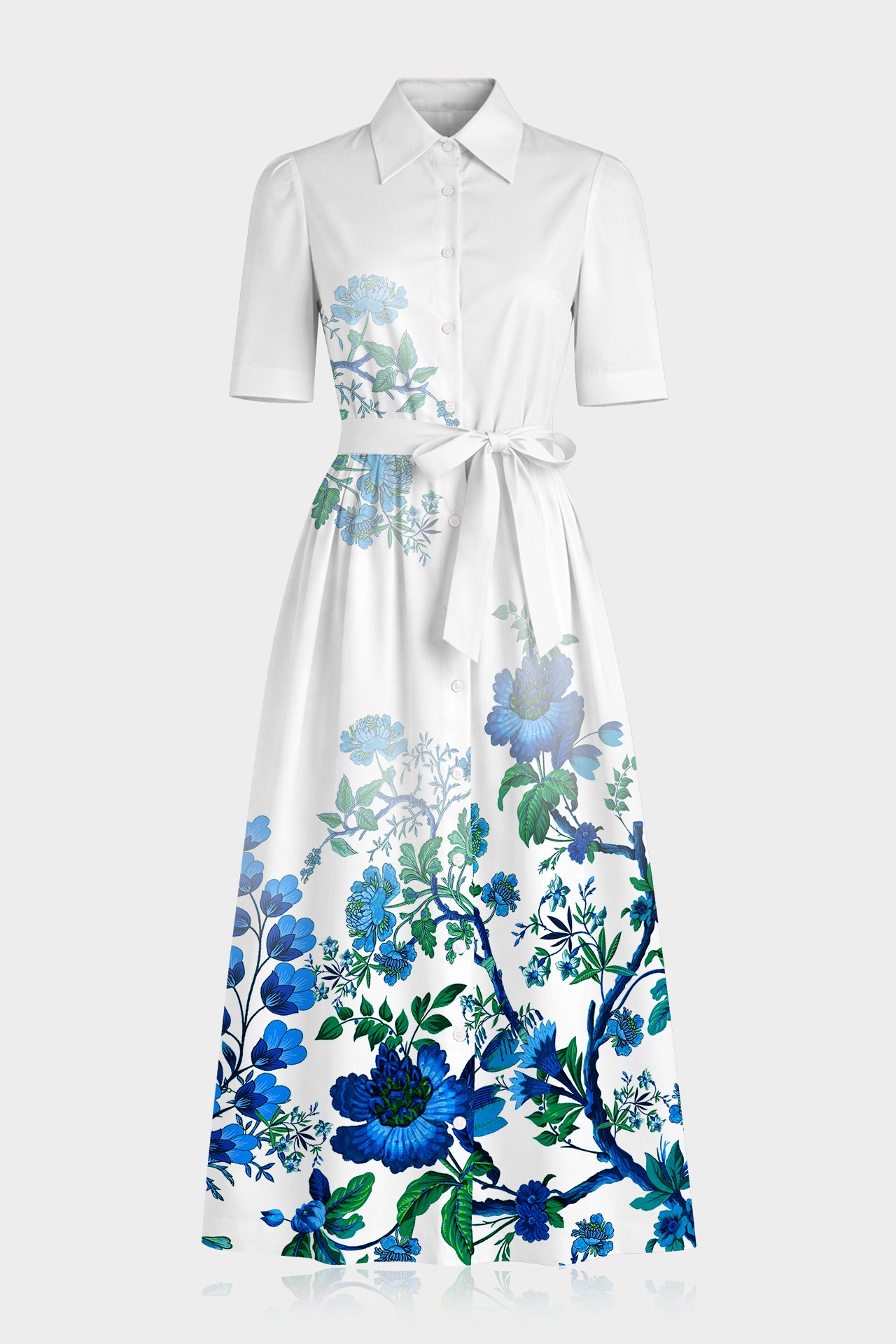 blue shirt dress with flowers L Floral Cotton Poplin Midi Width:WIDE Women's Plus Size Stretchy making it perfect for wash_DX