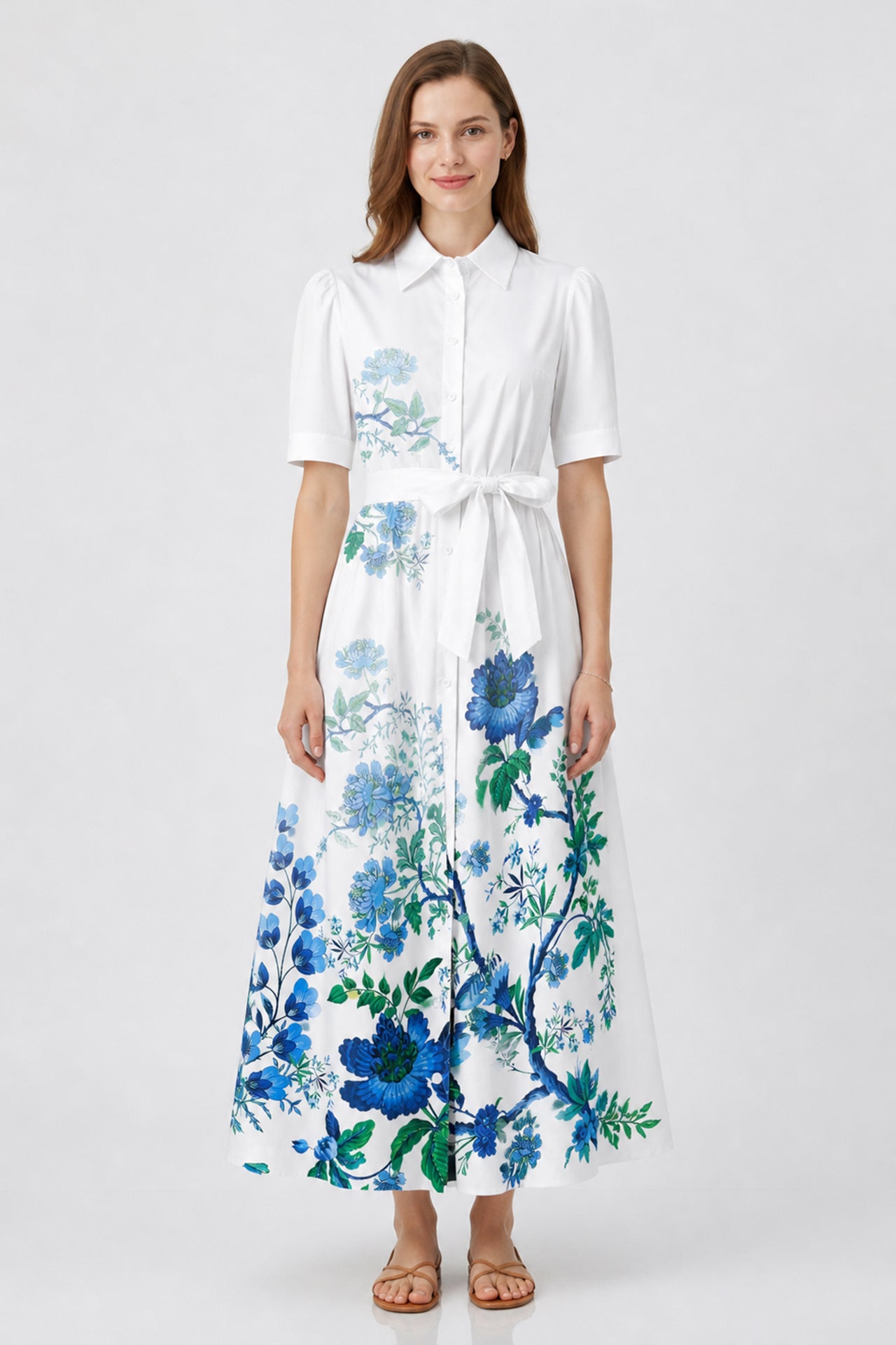 S Blue Floral Cotton Poplin Midi Shirt Dress